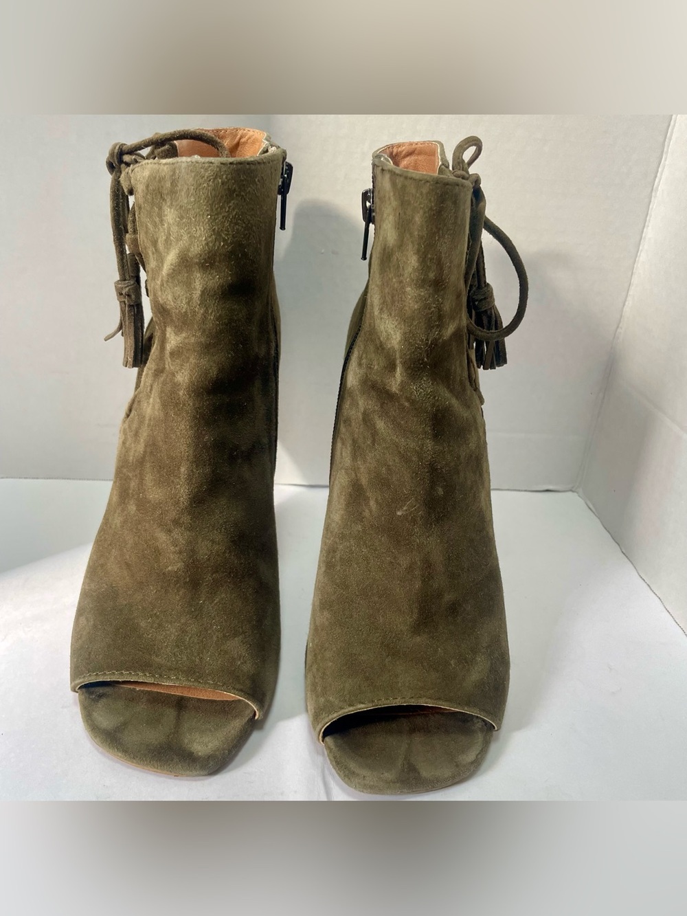 Steve Madden Fabrice Olive Suede Peep Toe Lace Up Stiletto Booties Women’s 9M